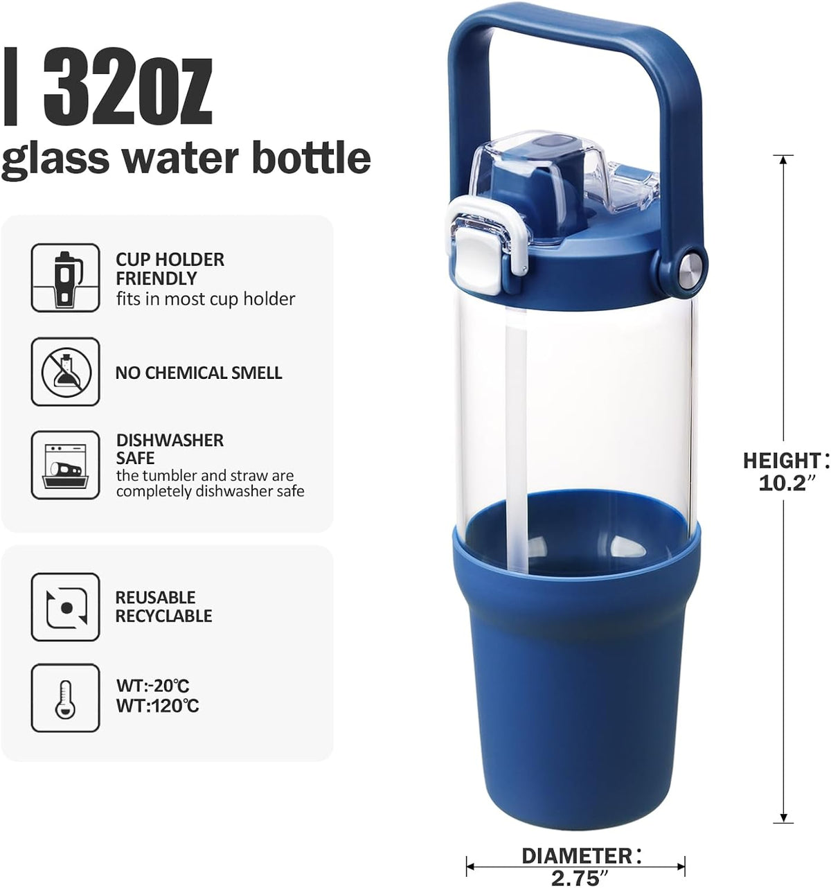 Glass Tumbler with Carry Handle, Clear Glass Water Bottle with Leakproof Lid, Spout Lid&Straw, BPA-Free, 32 oz, Black