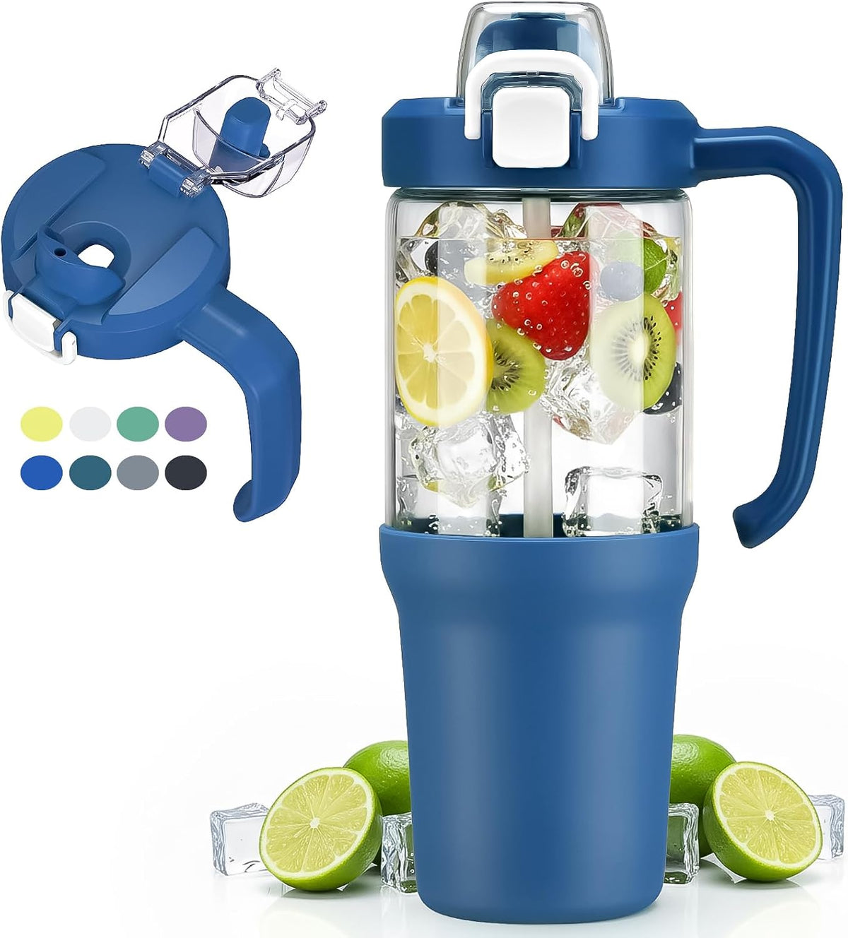 Glass Tumbler with Carry Handle, Clear Glass Water Bottle with Leakproof Lid, Spout Lid&Straw, BPA-Free, 32 oz, Black