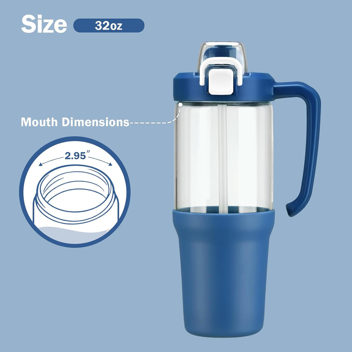 Glass Tumbler with Carry Handle, Clear Glass Water Bottle with Leakproof Lid, Spout Lid&Straw, BPA-Free, 32 oz, Black