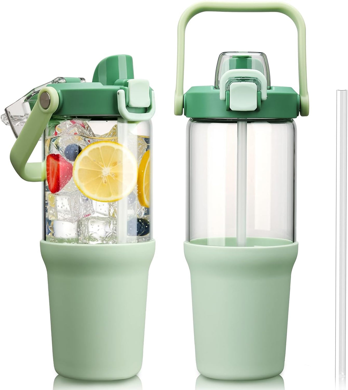 Glass Tumbler with Carry Handle, Clear Glass Water Bottle with Leakproof Lid, Spout Lid&Straw, BPA-Free, 32 oz, Black