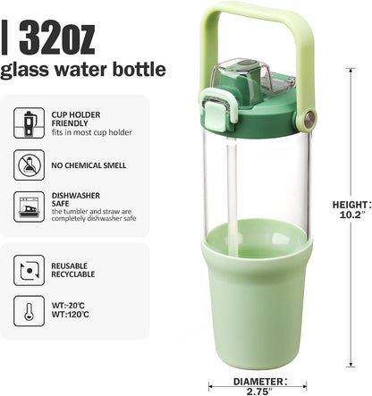 Glass Tumbler with Carry Handle, Clear Glass Water Bottle with Leakproof Lid, Spout Lid&Straw, BPA-Free, 32 oz, Black