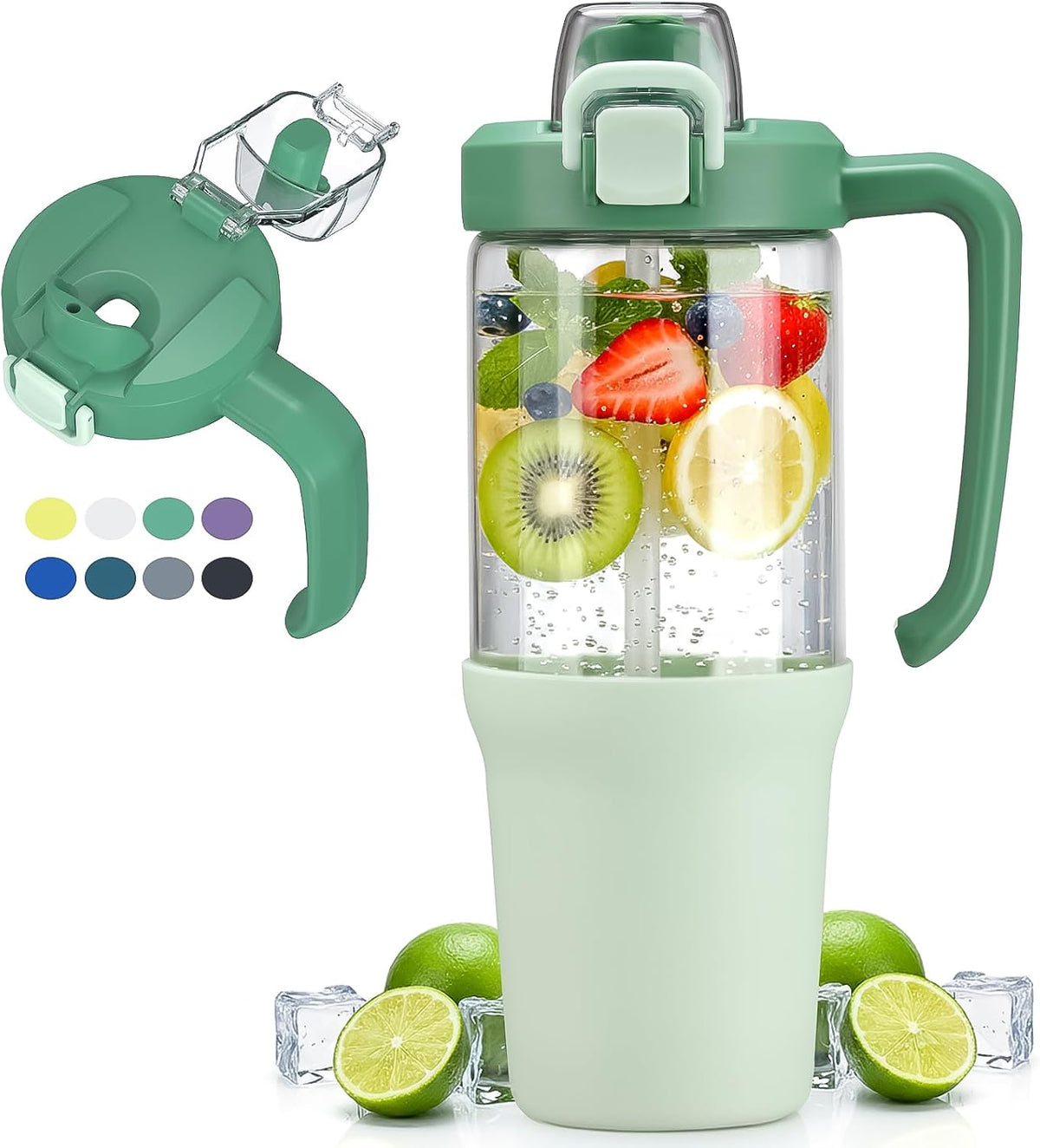 Glass Tumbler with Carry Handle, Clear Glass Water Bottle with Leakproof Lid, Spout Lid&Straw, BPA-Free, 32 oz, Black