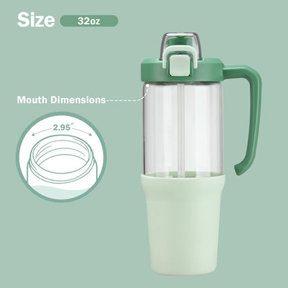 Glass Tumbler with Carry Handle, Clear Glass Water Bottle with Leakproof Lid, Spout Lid&Straw, BPA-Free, 32 oz, Black
