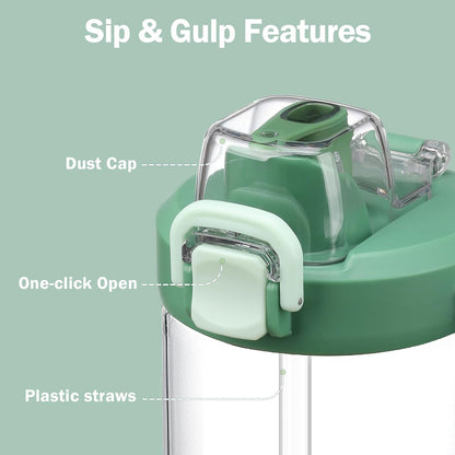 Glass Tumbler with Carry Handle, Clear Glass Water Bottle with Leakproof Lid, Spout Lid&Straw, BPA-Free, 32 oz, Black