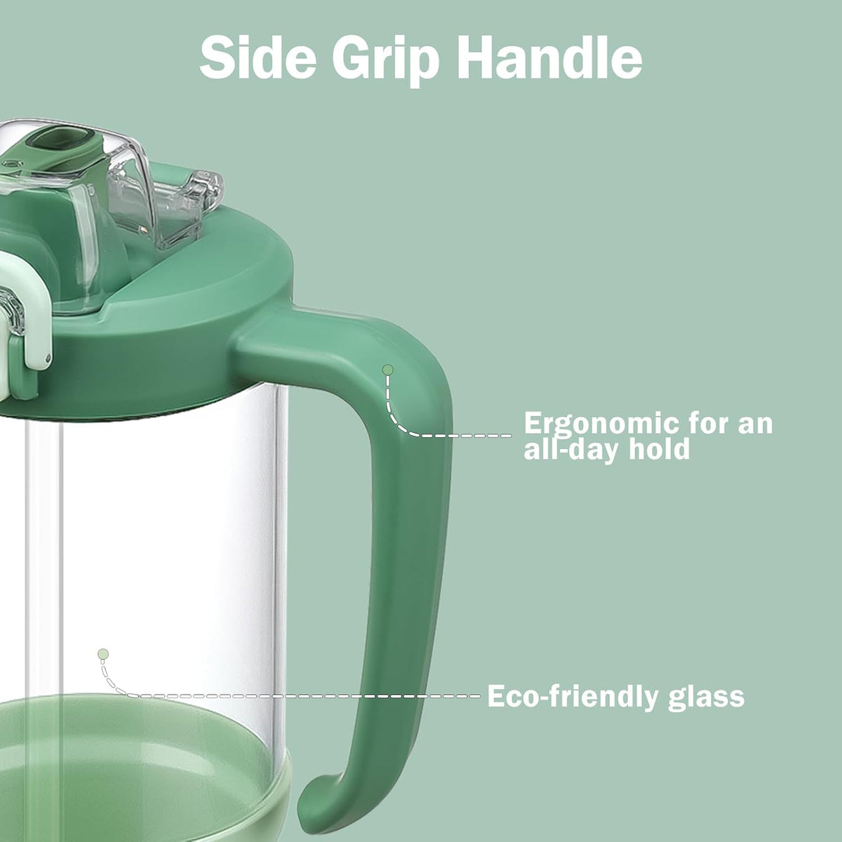 Glass Tumbler with Carry Handle, Clear Glass Water Bottle with Leakproof Lid, Spout Lid&Straw, BPA-Free, 32 oz, Black