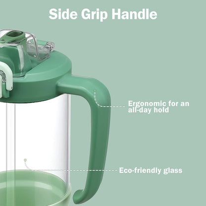 Glass Tumbler with Carry Handle, Clear Glass Water Bottle with Leakproof Lid, Spout Lid&Straw, BPA-Free, 32 oz, Black