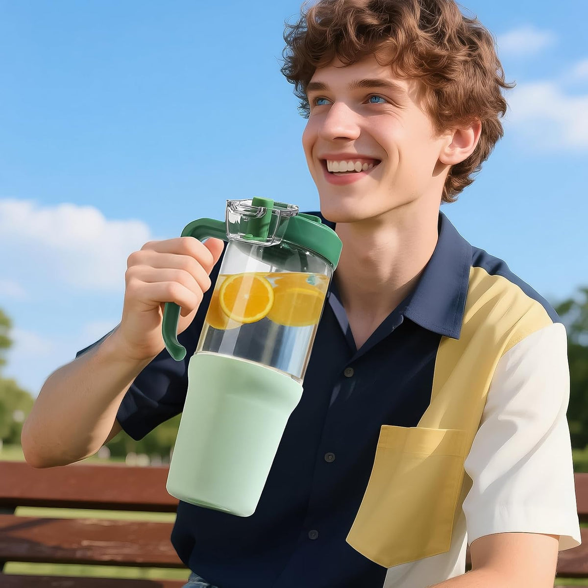 Glass Tumbler with Carry Handle, Clear Glass Water Bottle with Leakproof Lid, Spout Lid&Straw, BPA-Free, 32 oz, Black
