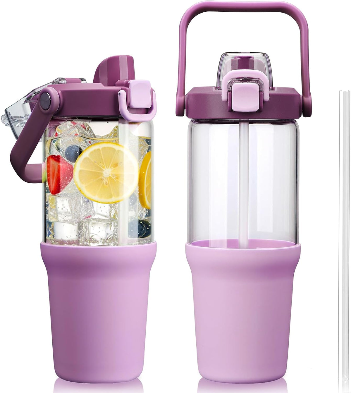 Glass Tumbler with Carry Handle, Clear Glass Water Bottle with Leakproof Lid, Spout Lid&Straw, BPA-Free, 32 oz, Black