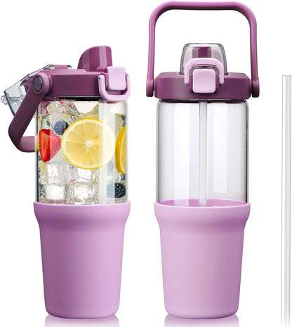 Glass Tumbler with Carry Handle, Clear Glass Water Bottle with Leakproof Lid, Spout Lid&Straw, BPA-Free, 32 oz, Black