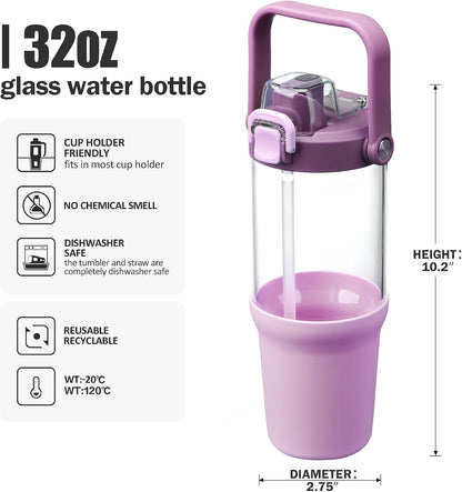 Glass Tumbler with Carry Handle, Clear Glass Water Bottle with Leakproof Lid, Spout Lid&Straw, BPA-Free, 32 oz, Black