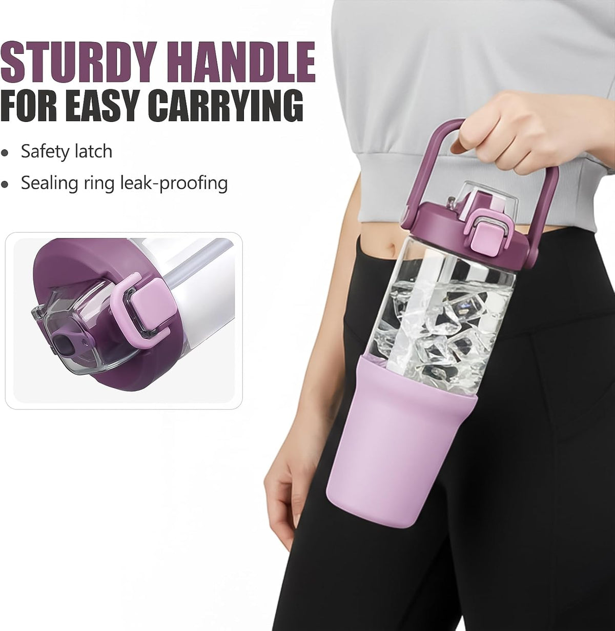 Glass Tumbler with Carry Handle, Clear Glass Water Bottle with Leakproof Lid, Spout Lid&Straw, BPA-Free, 32 oz, Black