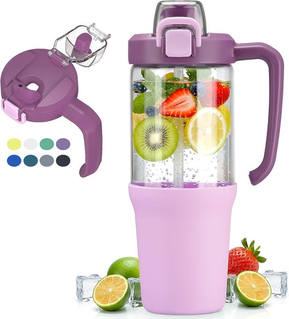 Glass Tumbler with Carry Handle, Clear Glass Water Bottle with Leakproof Lid, Spout Lid&Straw, BPA-Free, 32 oz, Black