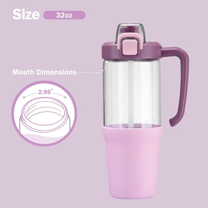 Glass Tumbler with Carry Handle, Clear Glass Water Bottle with Leakproof Lid, Spout Lid&Straw, BPA-Free, 32 oz, Black