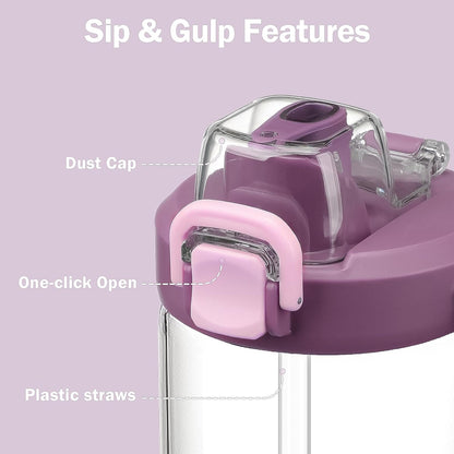 Glass Tumbler with Carry Handle, Clear Glass Water Bottle with Leakproof Lid, Spout Lid&Straw, BPA-Free, 32 oz, Black