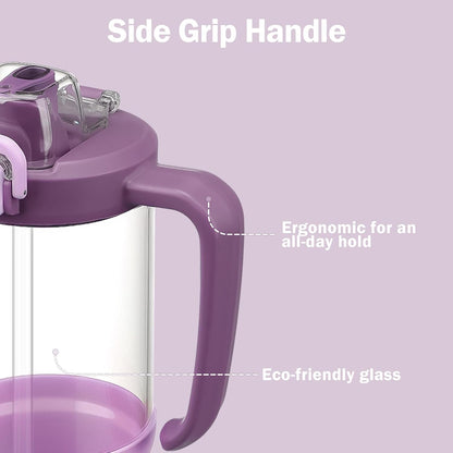 Glass Tumbler with Carry Handle, Clear Glass Water Bottle with Leakproof Lid, Spout Lid&Straw, BPA-Free, 32 oz, Black