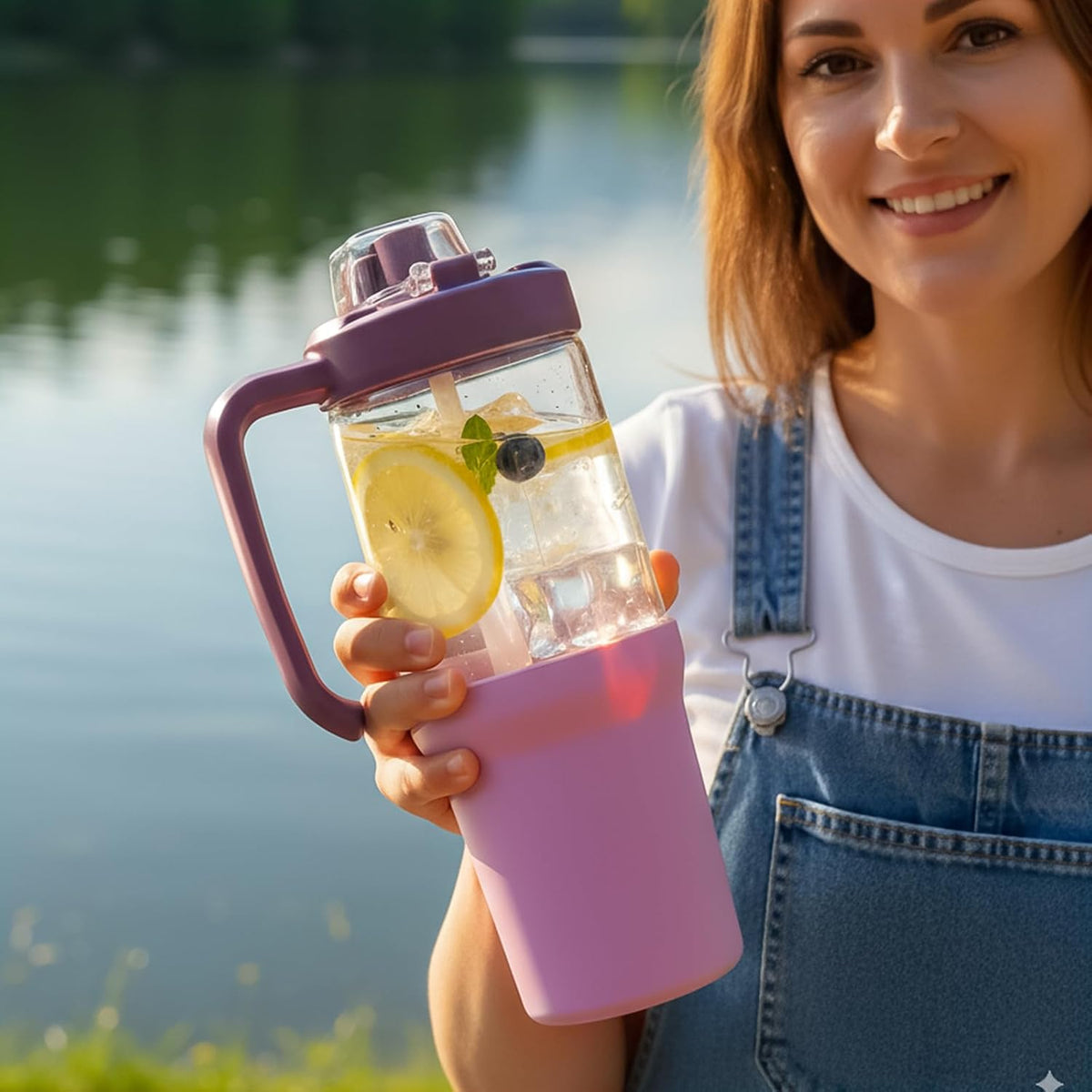 Glass Tumbler with Carry Handle, Clear Glass Water Bottle with Leakproof Lid, Spout Lid&Straw, BPA-Free, 32 oz, Black