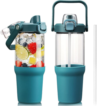 Glass Tumbler with Carry Handle, Clear Glass Water Bottle with Leakproof Lid, Spout Lid&Straw, BPA-Free, 32 oz, Black