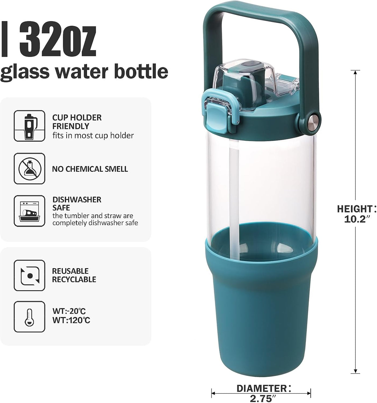 Glass Tumbler with Carry Handle, Clear Glass Water Bottle with Leakproof Lid, Spout Lid&Straw, BPA-Free, 32 oz, Black