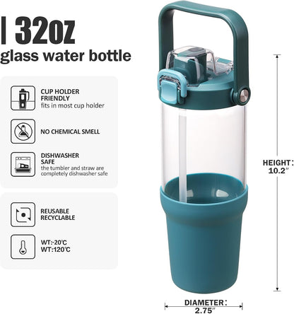 Glass Tumbler with Carry Handle, Clear Glass Water Bottle with Leakproof Lid, Spout Lid&Straw, BPA-Free, 32 oz, Black