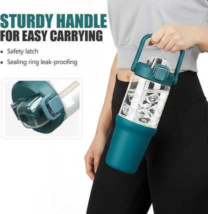 Glass Tumbler with Carry Handle, Clear Glass Water Bottle with Leakproof Lid, Spout Lid&Straw, BPA-Free, 32 oz, Black