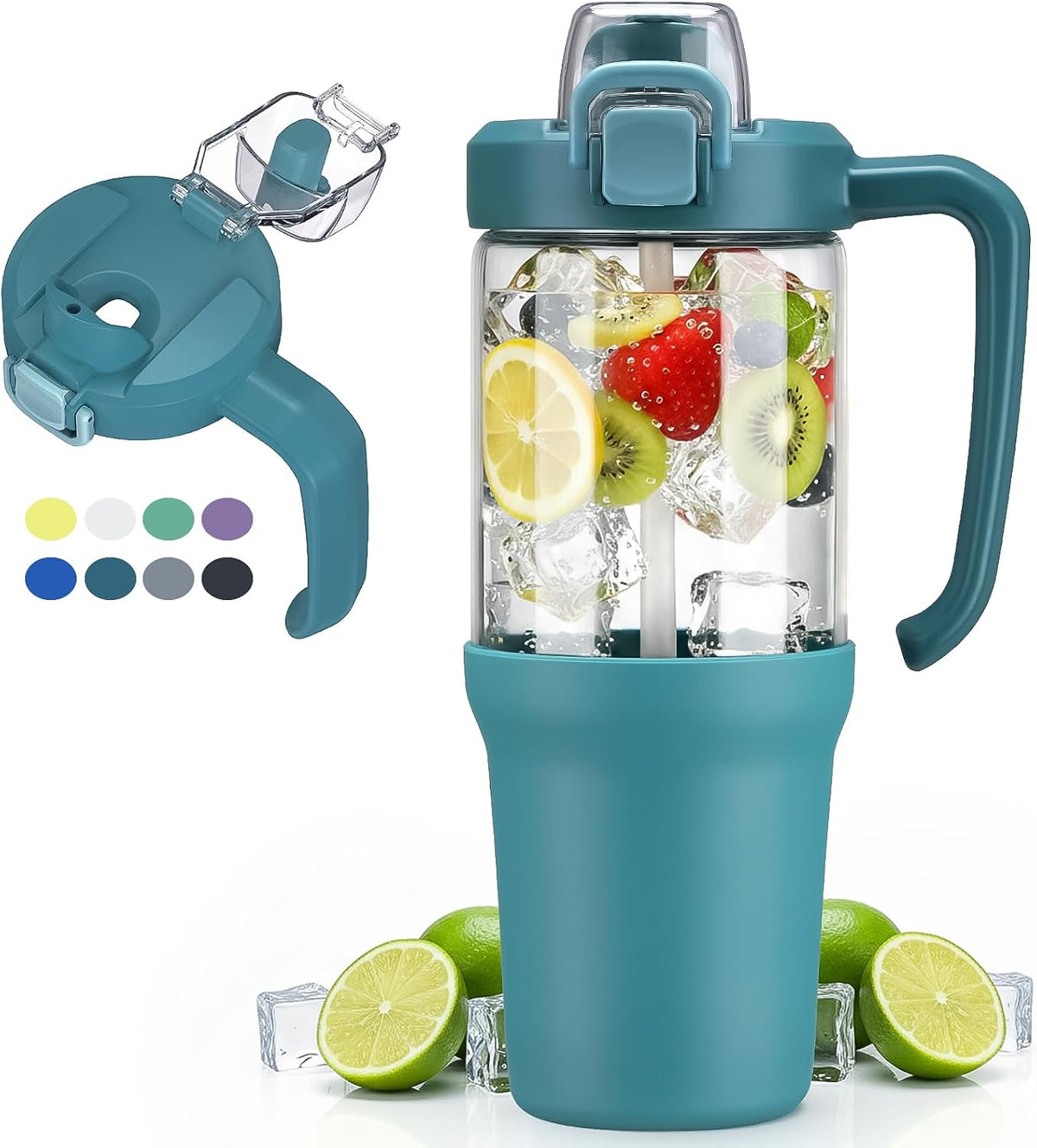 Glass Tumbler with Carry Handle, Clear Glass Water Bottle with Leakproof Lid, Spout Lid&Straw, BPA-Free, 32 oz, Black