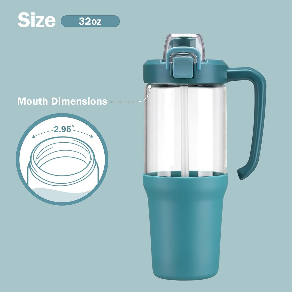 Glass Tumbler with Carry Handle, Clear Glass Water Bottle with Leakproof Lid, Spout Lid&Straw, BPA-Free, 32 oz, Black