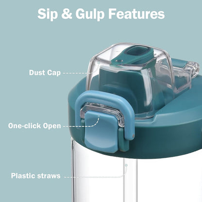Glass Tumbler with Carry Handle, Clear Glass Water Bottle with Leakproof Lid, Spout Lid&Straw, BPA-Free, 32 oz, Black