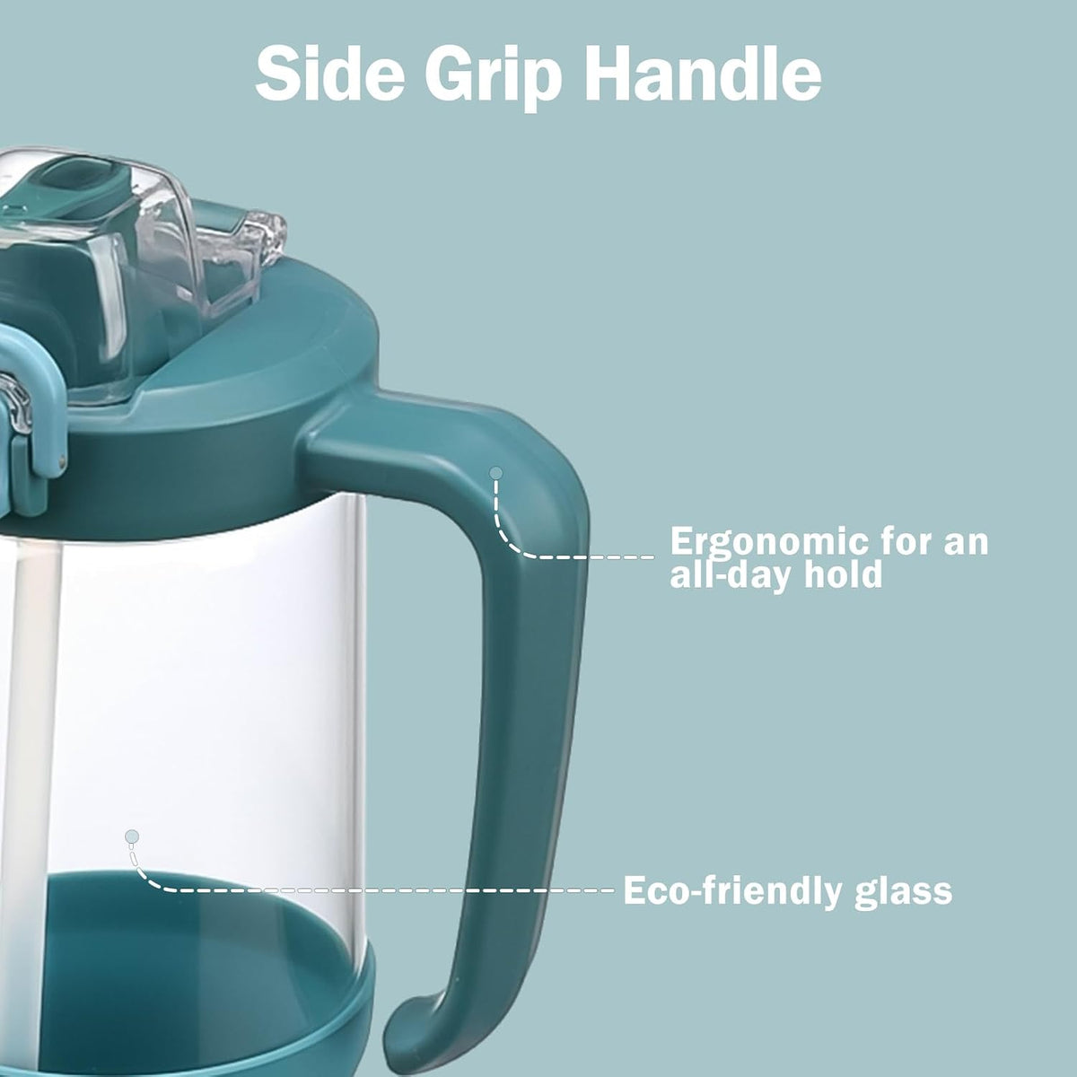 Glass Tumbler with Carry Handle, Clear Glass Water Bottle with Leakproof Lid, Spout Lid&Straw, BPA-Free, 32 oz, Black