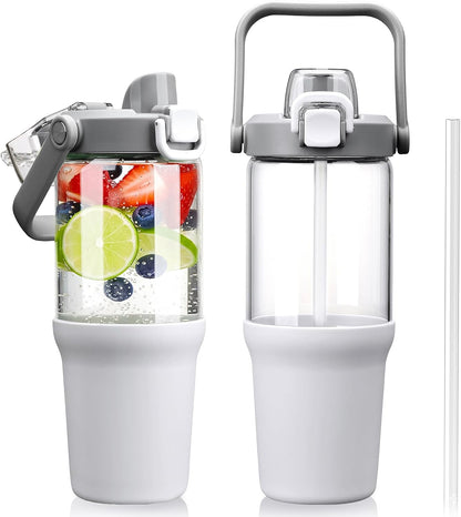 Glass Tumbler with Carry Handle, Clear Glass Water Bottle with Leakproof Lid, Spout Lid&Straw, BPA-Free, 32 oz, Black