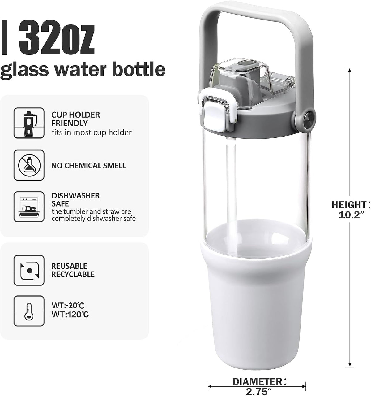 Glass Tumbler with Carry Handle, Clear Glass Water Bottle with Leakproof Lid, Spout Lid&Straw, BPA-Free, 32 oz, Black