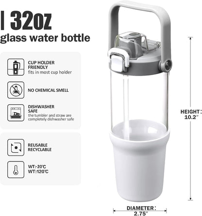 Glass Tumbler with Carry Handle, Clear Glass Water Bottle with Leakproof Lid, Spout Lid&Straw, BPA-Free, 32 oz, Black