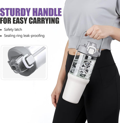 Glass Tumbler with Carry Handle, Clear Glass Water Bottle with Leakproof Lid, Spout Lid&Straw, BPA-Free, 32 oz, Black