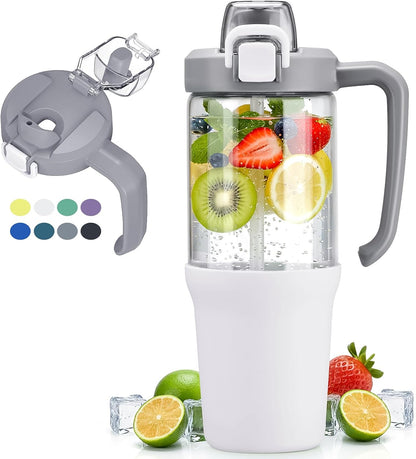 Glass Tumbler with Carry Handle, Clear Glass Water Bottle with Leakproof Lid, Spout Lid&Straw, BPA-Free, 32 oz, Black