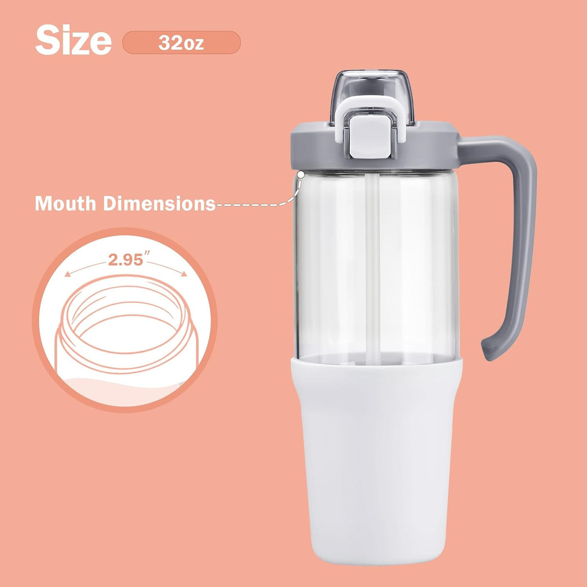 Glass Tumbler with Carry Handle, Clear Glass Water Bottle with Leakproof Lid, Spout Lid&Straw, BPA-Free, 32 oz, Black