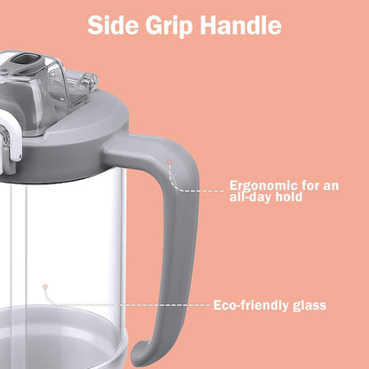 Glass Tumbler with Carry Handle, Clear Glass Water Bottle with Leakproof Lid, Spout Lid&Straw, BPA-Free, 32 oz, Black
