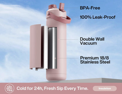 26 oz Insulated Water Bottle with 2-in-1 Straw and Spout Lid, Keep Cold 24H, Leak-Proof, Fits in Car Cup Holder, Stainless Steel Water Bottle for Sports, Gym, Travel, and School (Mousse) - Colors A