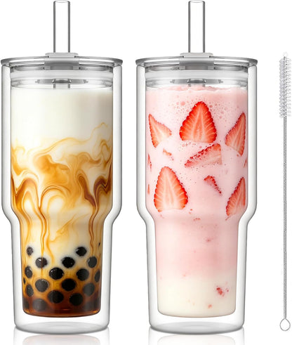 28 oz Double Wall Glass Tumblers Set of 2, Extra-Wide 13mm Reusable Drinking Straws, Boba Tumbler, Wide-Mouth Water Cups for Iced Coffee, Smoothies, Boba & Tea Lovers (Clear)