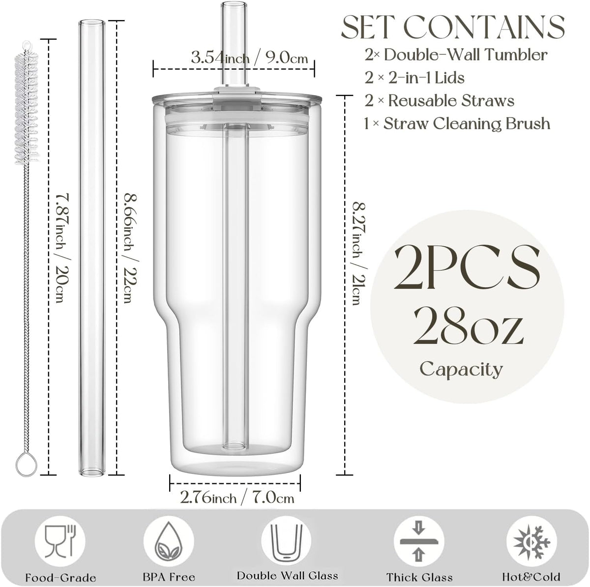 28 oz Double Wall Glass Tumblers Set of 2, Extra-Wide 13mm Reusable Drinking Straws, Boba Tumbler, Wide-Mouth Water Cups for Iced Coffee, Smoothies, Boba & Tea Lovers (Clear)