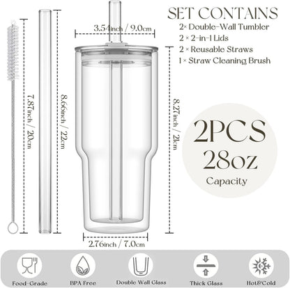 28 oz Double Wall Glass Tumblers Set of 2, Extra-Wide 13mm Reusable Drinking Straws, Boba Tumbler, Wide-Mouth Water Cups for Iced Coffee, Smoothies, Boba & Tea Lovers (Clear)
