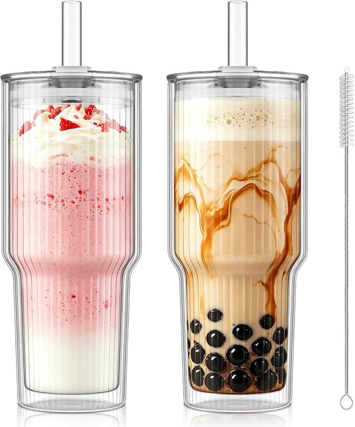 28 oz Double Wall Glass Tumblers Set of 2, Extra-Wide 13mm Reusable Drinking Straws, Boba Tumbler, Wide-Mouth Water Cups for Iced Coffee, Smoothies, Boba & Tea Lovers (Clear)