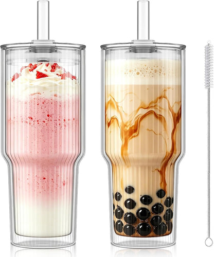 28 oz Double Wall Glass Tumblers Set of 2, Extra-Wide 13mm Reusable Drinking Straws, Boba Tumbler, Wide-Mouth Water Cups for Iced Coffee, Smoothies, Boba & Tea Lovers (Clear)