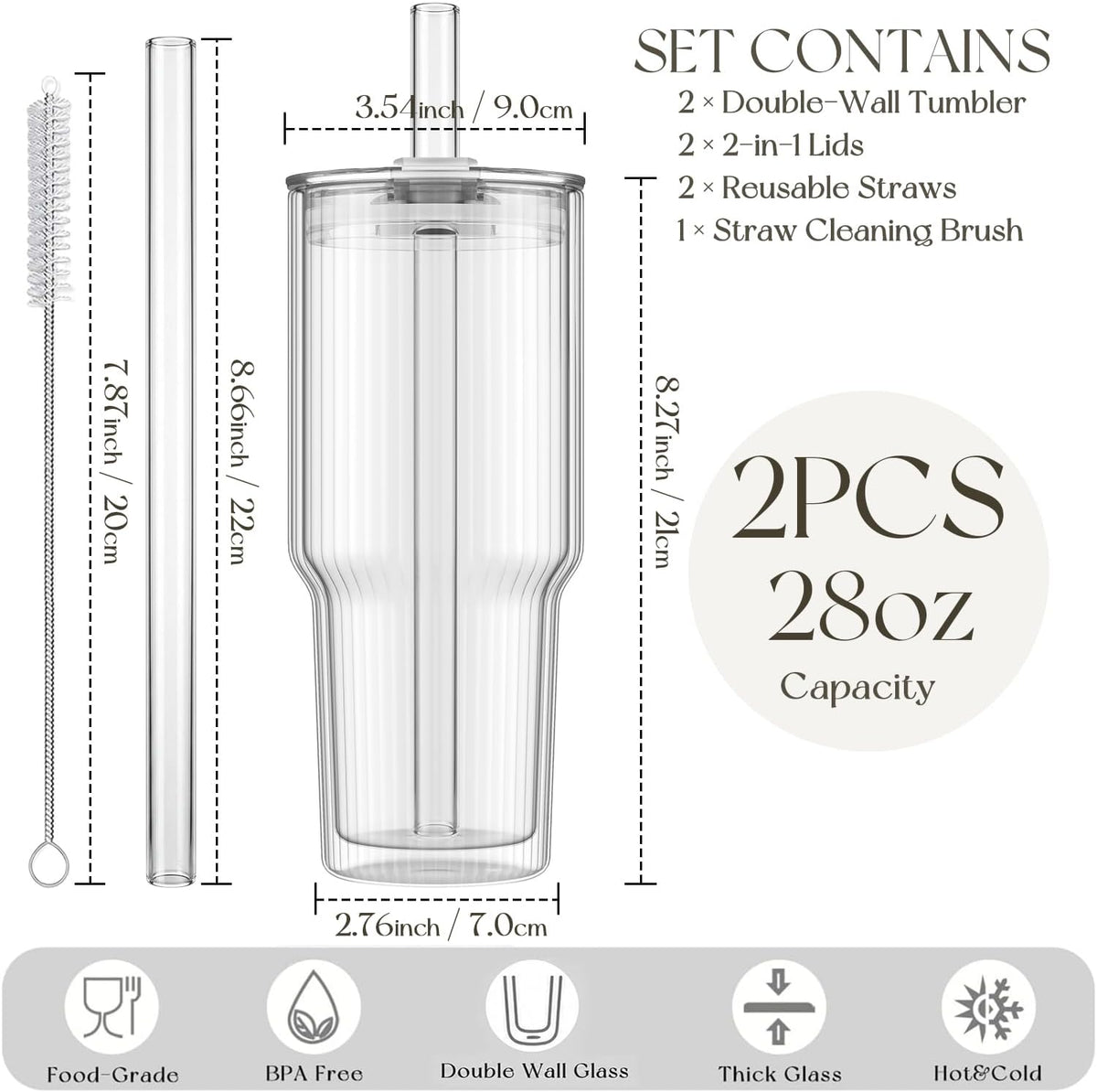 28 oz Double Wall Glass Tumblers Set of 2, Extra-Wide 13mm Reusable Drinking Straws, Boba Tumbler, Wide-Mouth Water Cups for Iced Coffee, Smoothies, Boba & Tea Lovers (Clear)