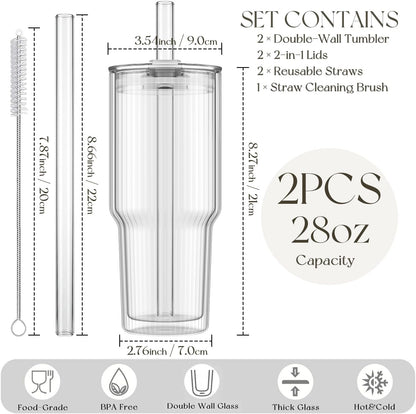 28 oz Double Wall Glass Tumblers Set of 2, Extra-Wide 13mm Reusable Drinking Straws, Boba Tumbler, Wide-Mouth Water Cups for Iced Coffee, Smoothies, Boba & Tea Lovers (Clear)