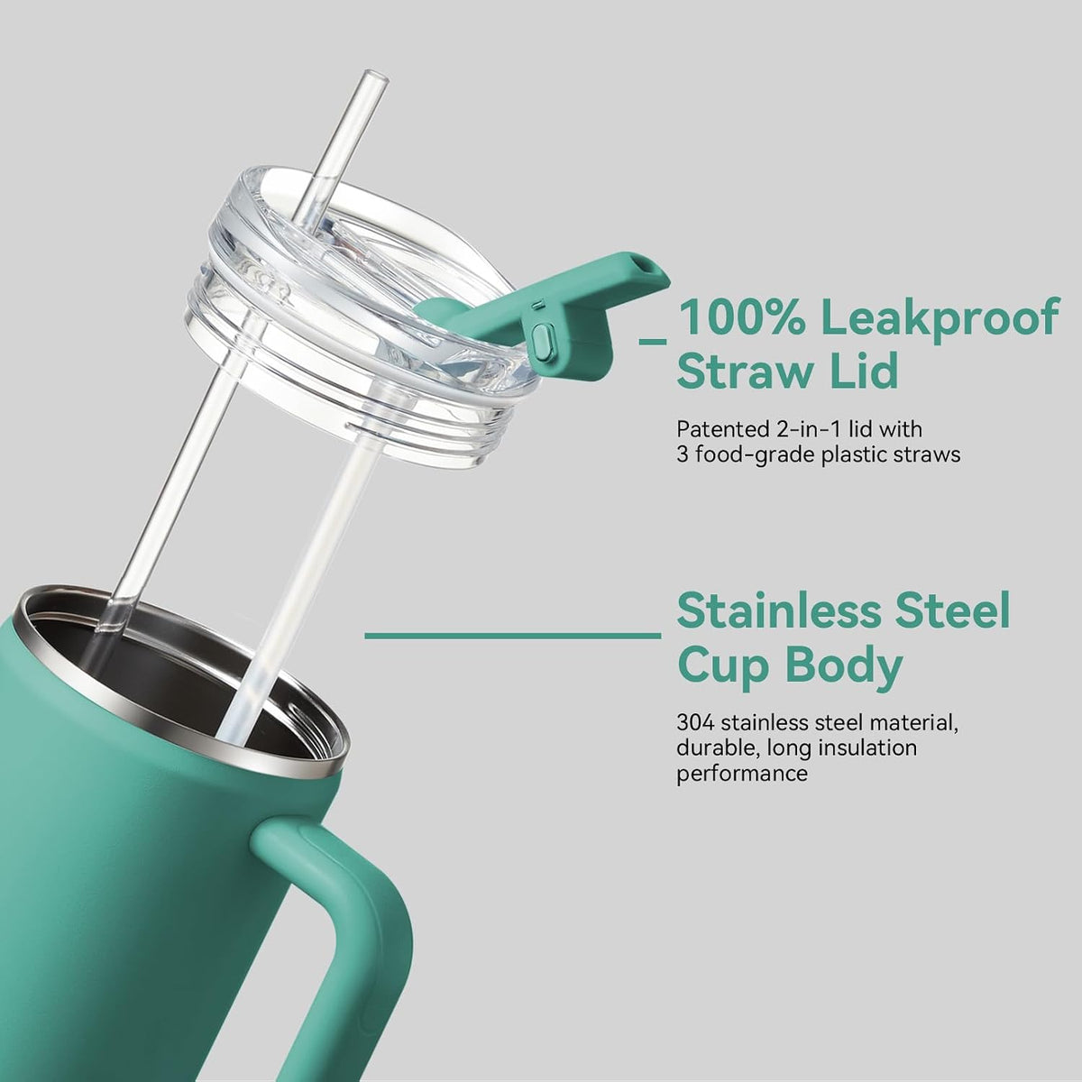30/40/50 oz Tumbler with Handle, Water Bottles with Straw Lid, Insulated Stainless Steel Travel Mug Cup Holder Friendly, Keep Drinks Cold or Hot for Hours (Aqua, 40 oz)