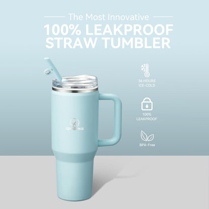 30/40/50 oz Tumbler with Handle, Water Bottles with Straw Lid, Insulated Stainless Steel Travel Mug Cup Holder Friendly, Keep Drinks Cold or Hot for Hours (Aqua, 40 oz)