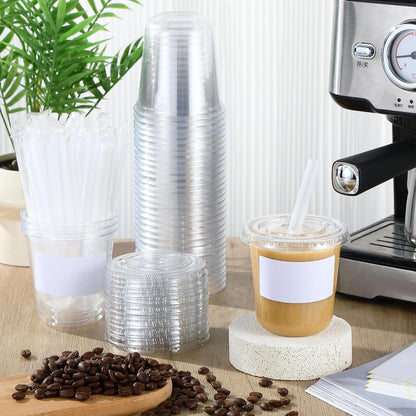 50 Sets Clear Plastic Cups with Lids, Straws and Stickers,12 oz