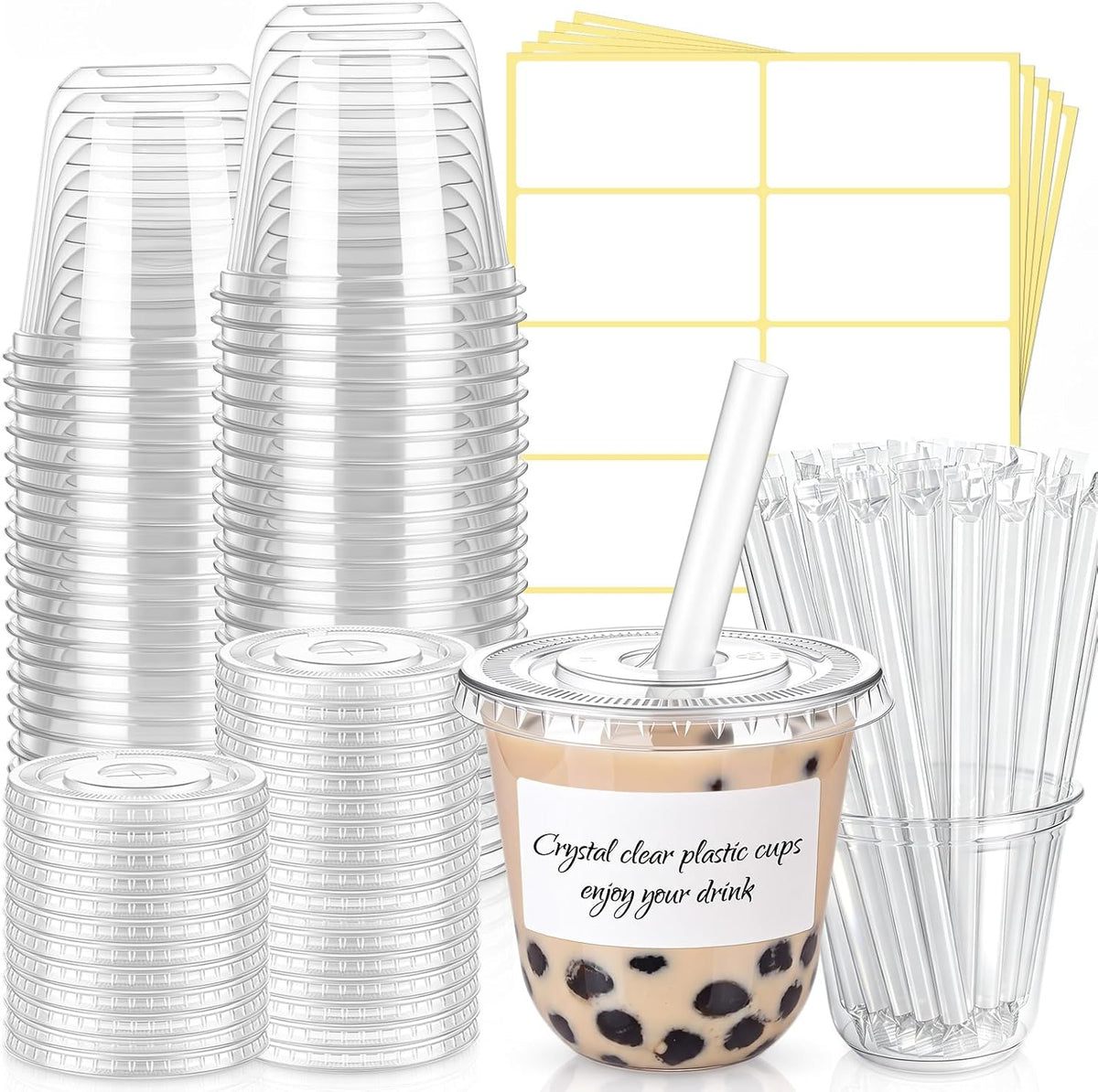 50 Sets Clear Plastic Cups with Lids, Straws and Stickers,12 oz