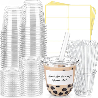 50 Sets Clear Plastic Cups with Lids, Straws and Stickers,12 oz