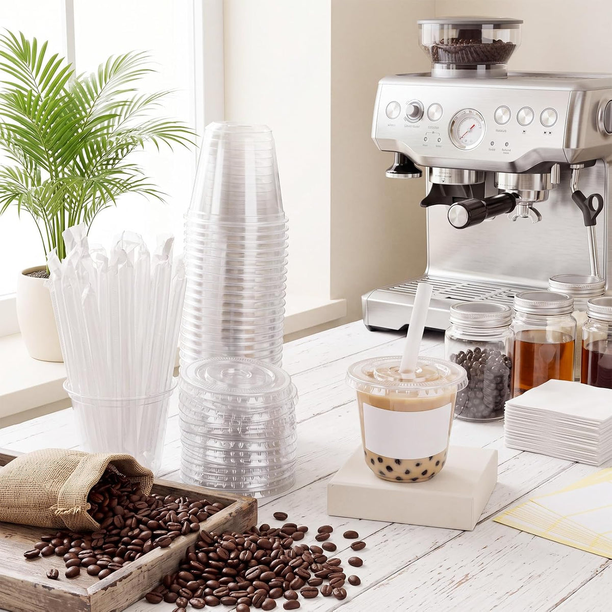 50 Sets Clear Plastic Cups with Lids, Straws and Stickers,12 oz