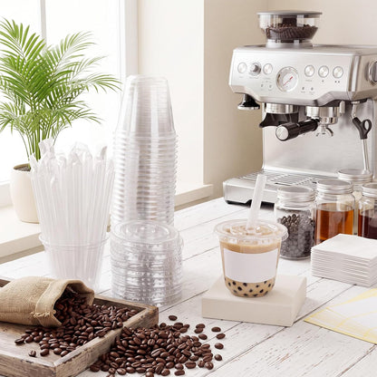 50 Sets Clear Plastic Cups with Lids, Straws and Stickers,12 oz